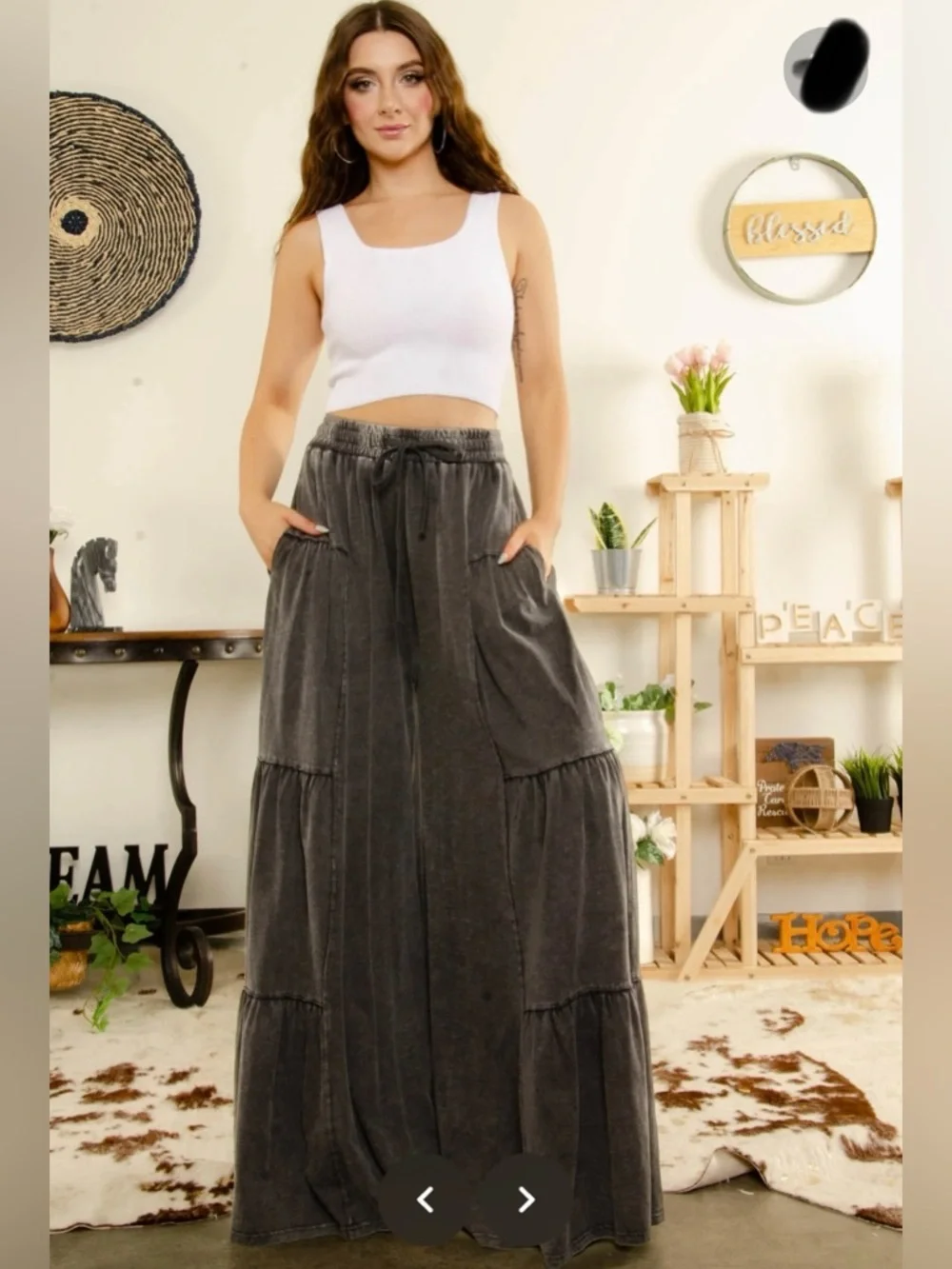 Velvet Washed Charcoal Tiered Maxi Skirt - Picture 1 of 11